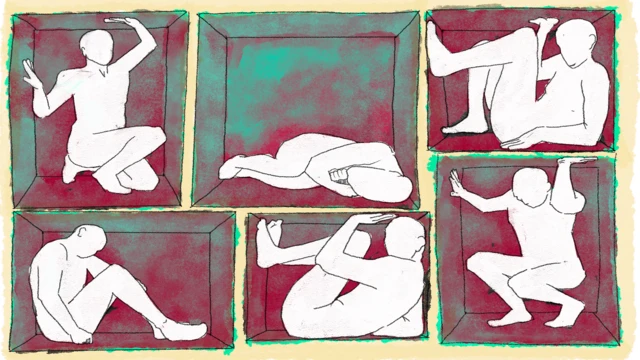 Illustrations of prisoners in tiny punishment cells
