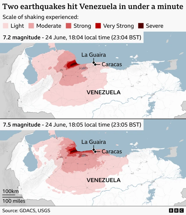 Two maps showing powerful earthquakes striking northern Venezuela less than a minute apart on 24 June. The first, magnitude 7.2 at 18:04 local time, produced strong to severe shaking concentrated inland near the coast, while the second, slightly larger magnitude 7.5 at 18:05, spread more intense shaking across a wider area particularly along the northern coast. The maps use a colour scale from light to severe to illustrate shaking intensity, highlighting heavily affected zones around La Guaira and Caracas, with broader regions experiencing moderate to strong tremors. The source is GDACS and the USGS