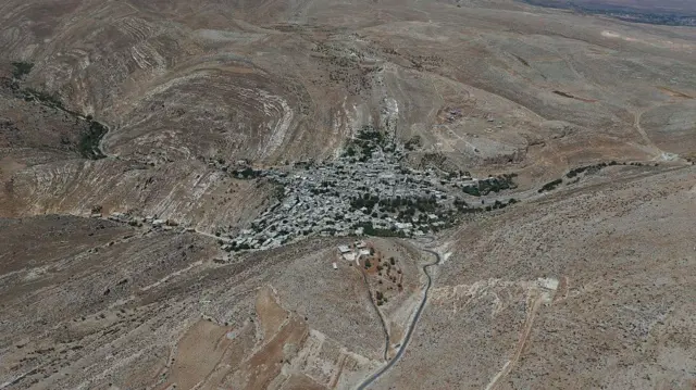 Ifoto yafotorewe mu kirere igaragaza icyaro cya Beit Jinn, mu majyepfo ashyira uburengerazuba bw'umurwa mukuru Damascus wa Syria.