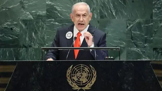 Benjamin Netanyahu arimo kuvugira imbere y'inteko y'Umuryango w'Abibumbye