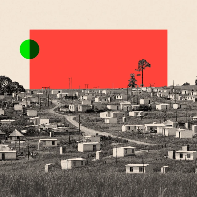 One treated image of little cabins wey dem dey call Mandela Houses for Zulu village for Zululand, South Africa