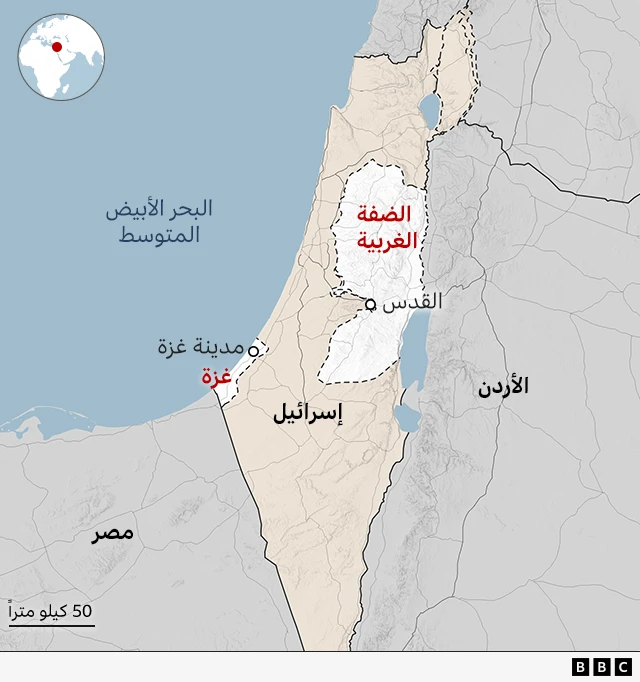 خريطة لأراضي الدولة الفلسطينية المقررة في الضفة الغربية وغزة والقدس. الخريطة يظهر عليها الأسماء التالية: (الأردن، الضفة الغربية، القدس، إسرائيل، غزة-مدينة غزة، مصر، البحر الأبيض المتوسط)، يغلب عليها اللون الرمادي.