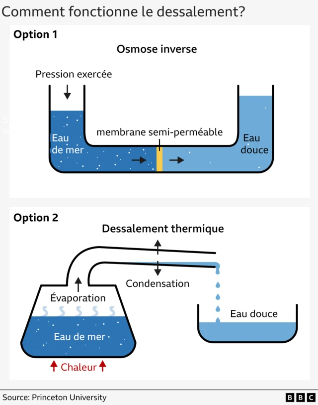 Graphique qui décrit le fonctionnement du dessalement