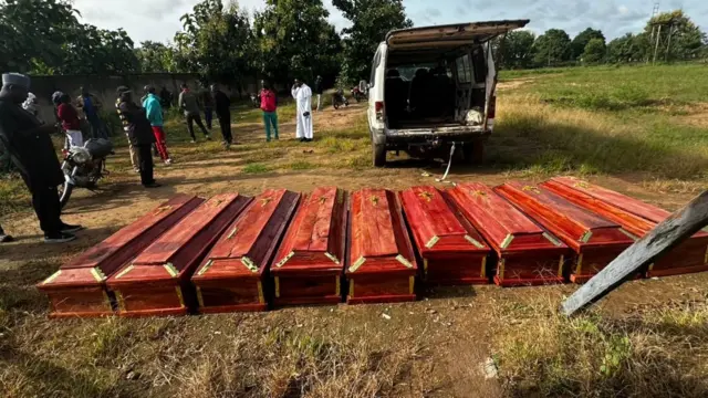 Nine coffins containing di dead body of victims wey die from gunmen attack in Kaduna