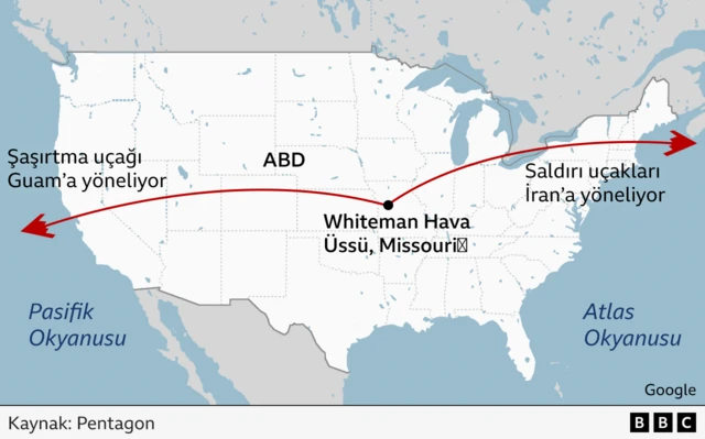 ABD haritası üzerinde uçakların kalktığı nokta ve yönleri