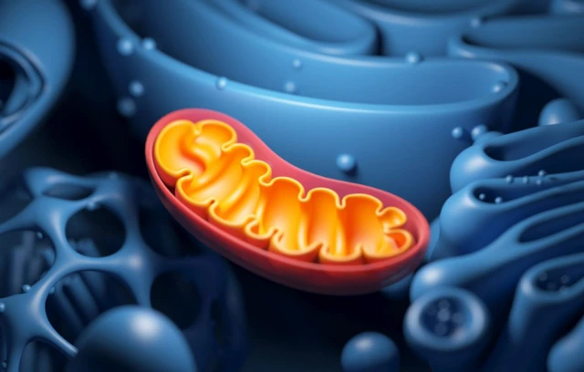 ภาพจำลองไมโทคอนเดรียที่ถูกตัดขวาง (สีเหลือง) ซึ่งเป็นอวัยวะหนึ่งภายในเซลล์