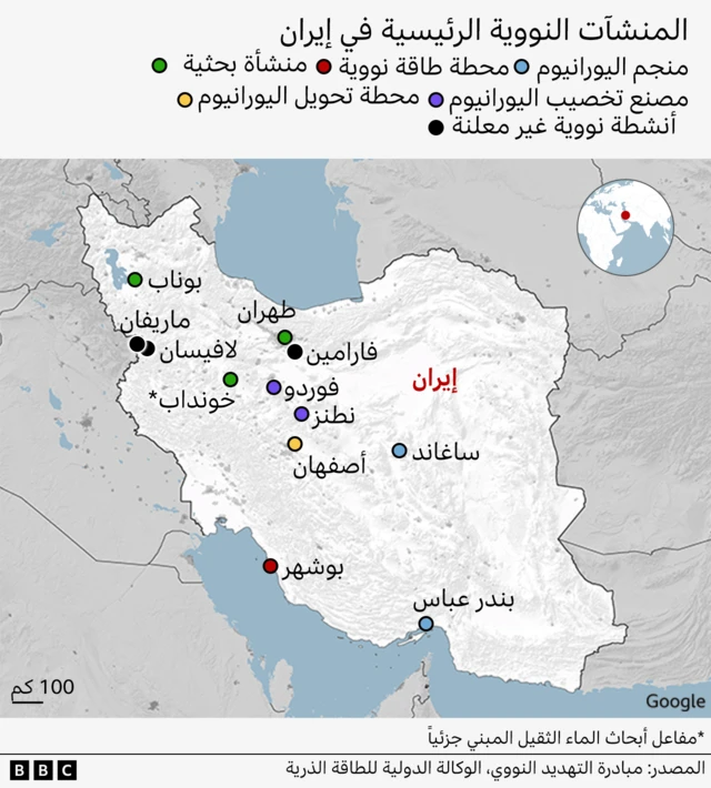 صورة توضيحية للمنشآت النووية الرئيسية في إيران
