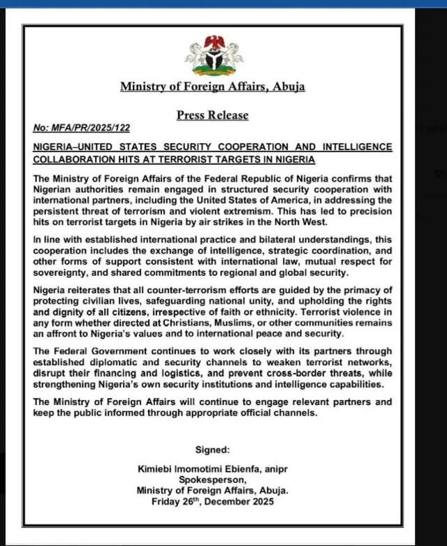 Ozi na Ministrị na-ahụ maka mmekọrịta Naijiria na mba ndị ọzọ