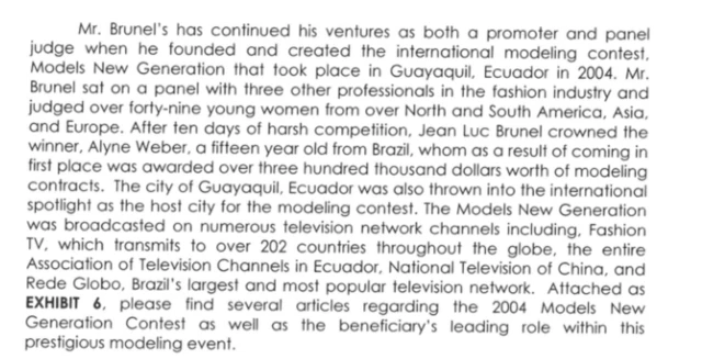 Em pedido de visto para pessoas com habilidades extraordinária, que integra processo judicial, Brunel ressaltou a criação de concurso Models New Generation e a vitória de Aline Weber