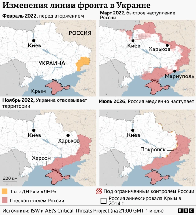 четыре карты с линией фронта в Украине в разные периоды