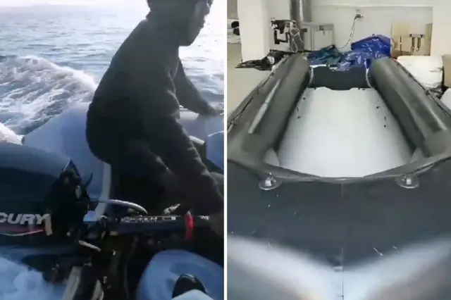 Image composite d'un homme assis sur le bord d'un bateau pneumatique en mer, tenant la barre d'un moteur noir d'une main et l'autre sur le bateau. Il porte un pull noir à capuche et on peut voir le sillage du bateau dans la mer. L'autre image montre un bateau pneumatique noir stocké dans un entrepôt.