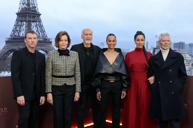 Sam Worthington, Sigourney Weaver, James Cameron, Zoe Saldana, Oona Castilla Chaplin and Stephen Lang at the European premiere of Avatar: Fire and Ash in December 2025