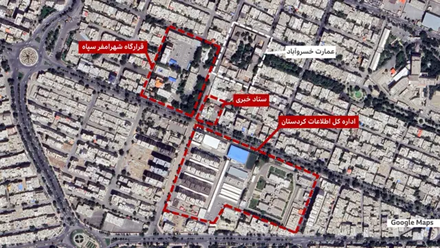 موقعیت عمارت تاریخی خسروآباد در نزدیکی اماکن امنیتی مورد حمله آمریکا و اسرائیل در سنندج 