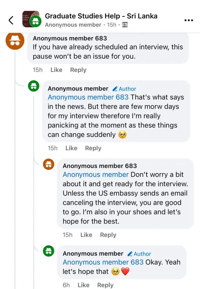 ඇමෙරිකානු ශිෂ්‍ය වීසා අත්හිටුවීම ගැන ෆේස්බුක් සමූහයක අදහස් පළකර ඇති ශ්‍රී ලාංකිකයින්