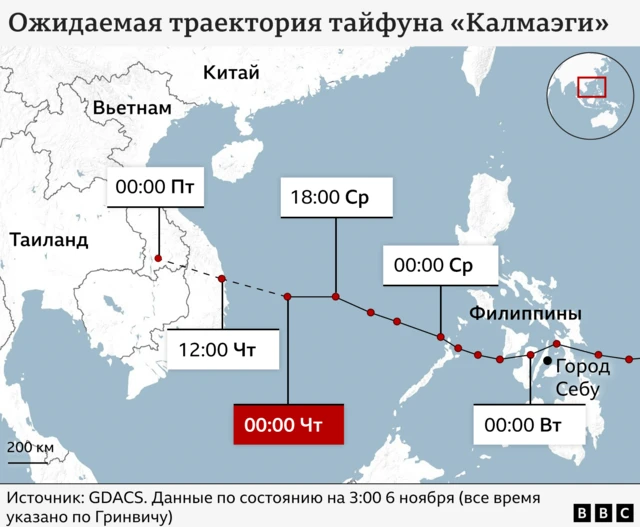Карта продвижения тайфуна от Филиппин к Вьетнаму по дням недели с указанием времени
