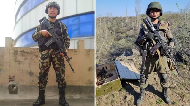 नेपाली सेना र रुसी सेनाको पोशाक लगाएका विनोदको कोलाज गरिएको तस्बिर।