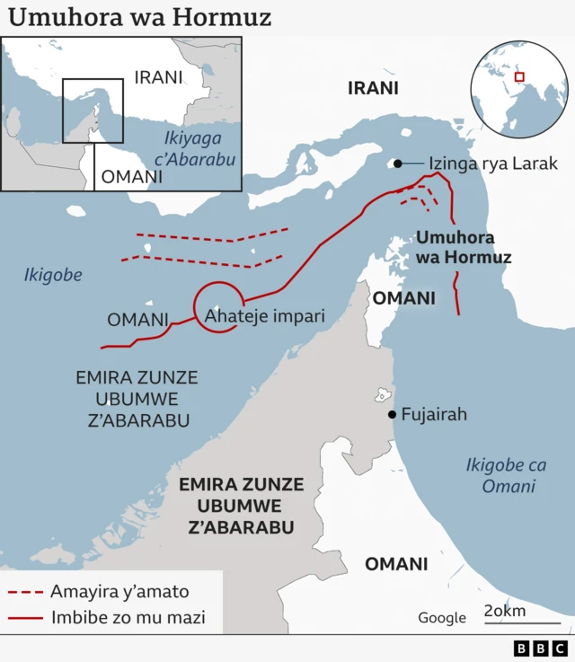 Ikarata yerekana aho umuhora wa Hormuz uri mu Kigobe ca Oman, inzira ikomeye mu vyo kwunguruza igitoro kw'isi. Uno muhora uri hagati ya Irani n’akarere ka Emira zunze Ubumwe z'Abarabu na Omani. Iyi karata kandi yerekana ibihugu vyo mu karere kagutse k’Ubuseruko bwo Hagati, harimwo Arabia Sawudite, Iraki, Yorodaniya na Israel.