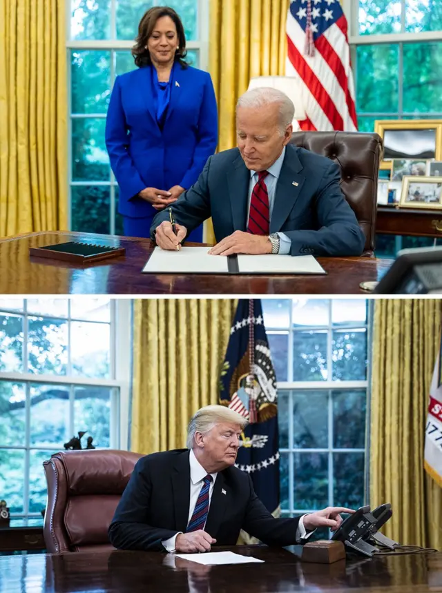 Composite image shows Vice-President Kamala Harris standing by while President Joe Biden signs an executive order in the Oval Office of the White House in 2023, and Donald Trump speaking on the telephone in the same room in 2018