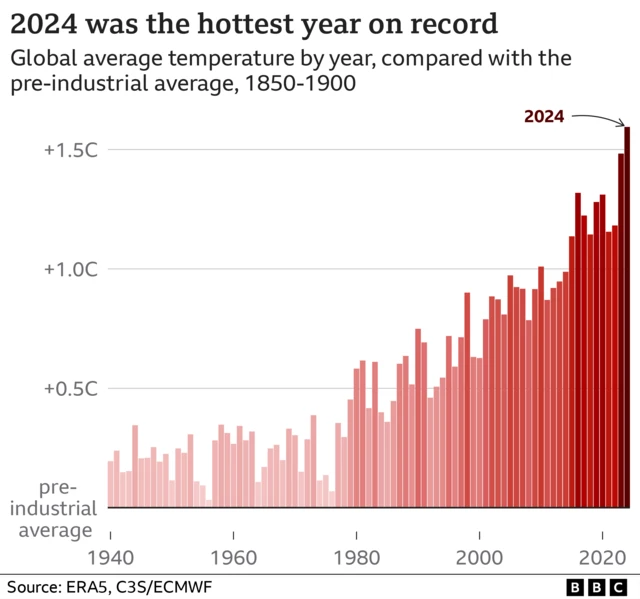 Graph showing global average temperature by year between 1940 and 2024 compared with pre-industrial average.