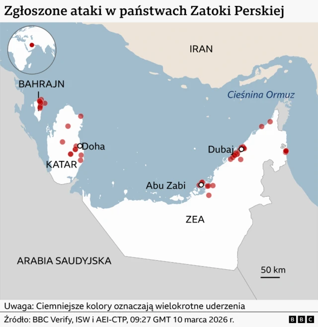 Zgłoszone ataki w państwach Zatoki Perskiej. 