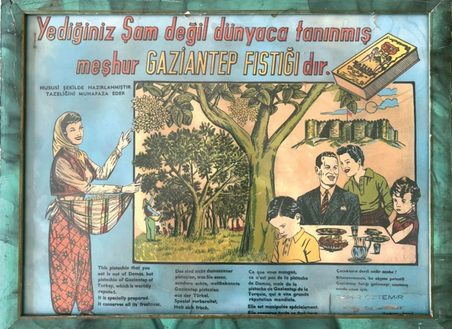 Yöresel kıyafetlerle fıstık toplayan bir kadın ile sofrada mutlu bir aileyi gösteren dönemin grafik tasarım anlayışına göre hazırlanmış renkli bir ilan. 