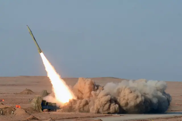 On July 3, 2012, the launch of an Iranian short-range Fateh missile during the second day of military exercises codenamed Great Prophet-7, Iran's Kavir Desert.