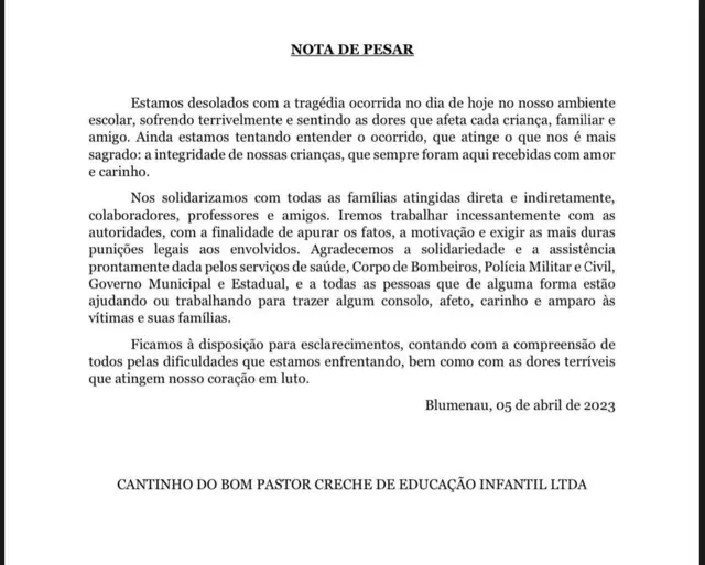 Nota emitida por creche que sofreu ataque