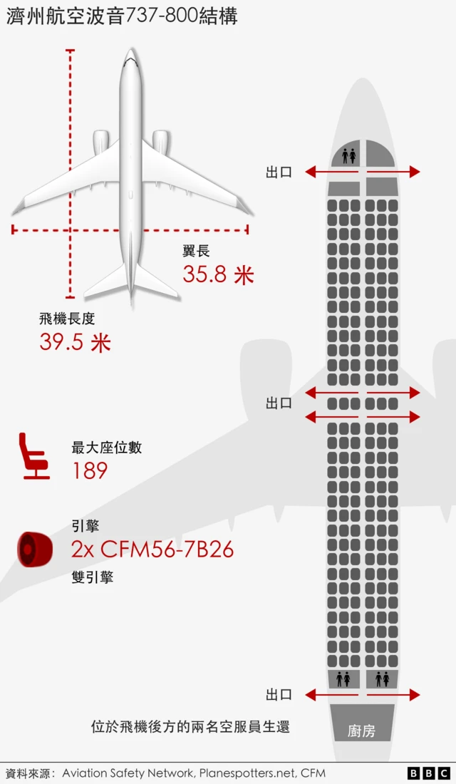 显示济州航空波音 737-800 结构的图形 - 包括显示长度 39.5m、翼展 35.8m 和最大座位数 189 个，文字显示客机有双引擎。 

