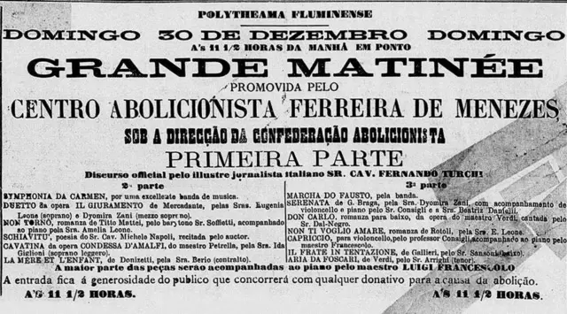 Página de um jornal antigo onde se lê anúncio para matinê abolicionista