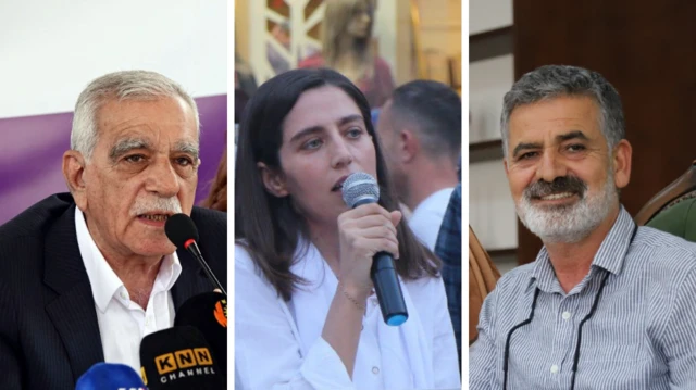 Görevden alınan DEM Parti belediye başkanları Ahmet Türk, Gülistan Sönük ve Mehmet Karayılan'ın fotoğrafları.