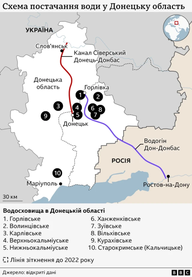 Водосховища, мапа, Донецька область, окупація