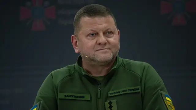 Valerii Zaluzhnyi fala em uma conferência. Ele está vestindo uniforme militar e tem um microfone.