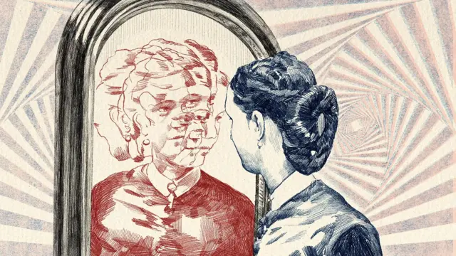 Малюнок, на якому жінка дивиться у дзеркало, і бачить там відображення жіночого обличчя, яке накладається одне на одне кілька разів, усе це на тлі пастельних хвилястих ліній