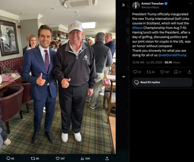 Antoni Trenchev, ở thời điểm đang lên kế hoạch đưa công ty tiền điện tử Nexo của mình và trở lại Hoa Kỳ, đăng trên X sau cuộc gặp với Tổng thống Trump tại Scotland: "Xin chân thành cảm ơn những gì ngài đang làm cho tất cả chúng tôi."