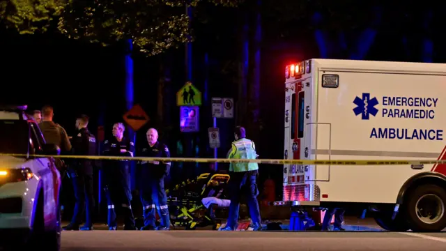 Машина скорой помощи и полицейская машина, а также несколько полицейских на улице в темноте.