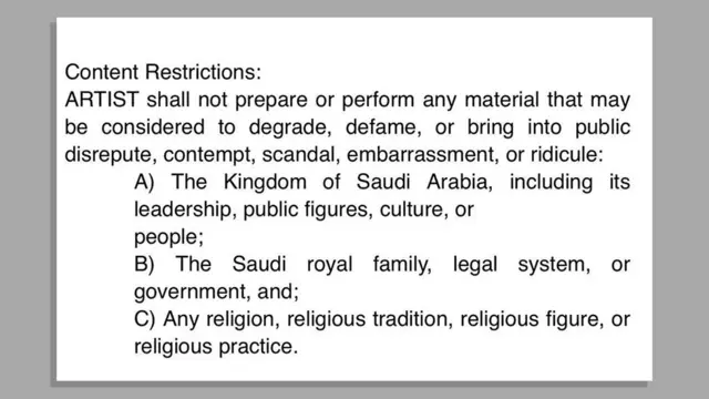 Риёдда чиқиш қилиши керак бўлган қизиқчиларга гўёки талаб қилинган тақиқлар рўйхатда Қирол ва раҳбарият ҳақида гапирмаслик ҳам сўралган