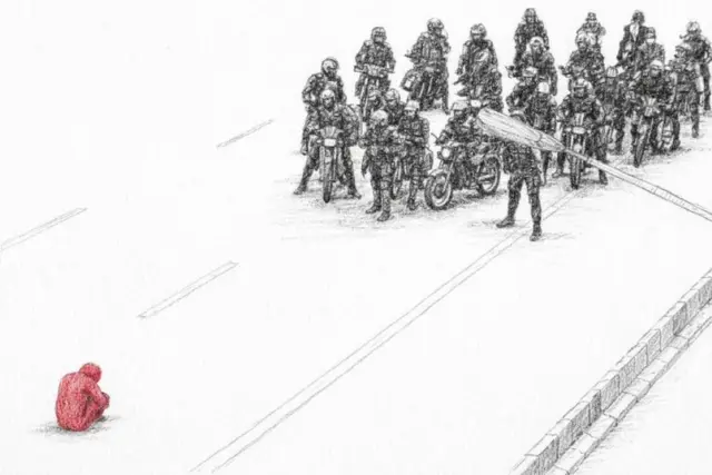 تصویر هنری الهام گرفته از مرد معترضی که وسط خیابان نشسته بود 