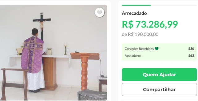 Captura de tela da página do site Vakinha Virtual em que padre Rodrigo pede doações. A imagem traz uma foto dele de costas, o valor alvo de R$ 190 mil e o valor já alcançado, de R$ 73 mil. 