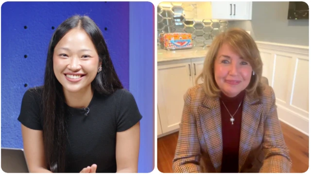 ปณิศา เอมโอชา (ซ้าย) ผู้สื่อข่าวบีบีซีไทย และ พอลล่า ชูการ์ต (ขวา) ระหว่างการให้สัมภาษณ์ที่เธอยอมพูดถึงเวทีมิสยูนิเวิร์สเป็นครั้งแรกหลักบอกลาตำแหน่งประธาน MUO เมื่อปี 2023 