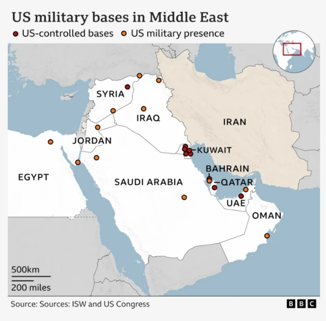 Map wey show US military bases for Middle East