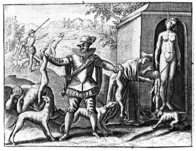 ਇੱਕ ਪੁਰਾਣਾ ਚਿੱਤਰ ਜਿਸ ਵਿੱਚ ਕੁੱਤਿਆਂ ਰਾਹੀਂ ਲੋਕਾਂ ਤ'ਏ ਅੱਤਿਆਚਾਰ ਕੀਤਾ ਜਾ ਰਿਹਾ ਹੈ