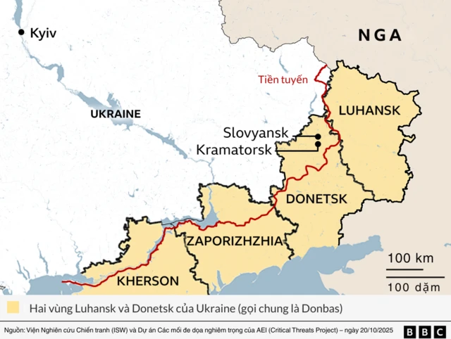 Bản đồ miền đông Ukraine cho thấy đường giới tuyến cắt ngang bốn vùng.
