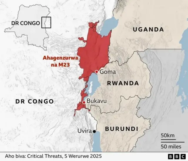 Ikarita igaragaza uturere M23 ikoreramo mu burasirazuba bwa DR Congo
