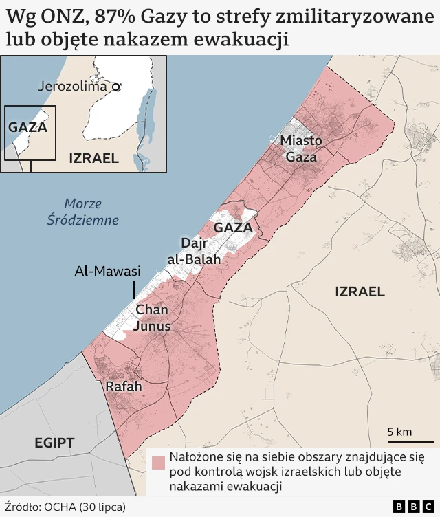 Mapa stref zmilitaryzowanych i obszarów objętych nakazem ewakuacji w Strefie Gazy