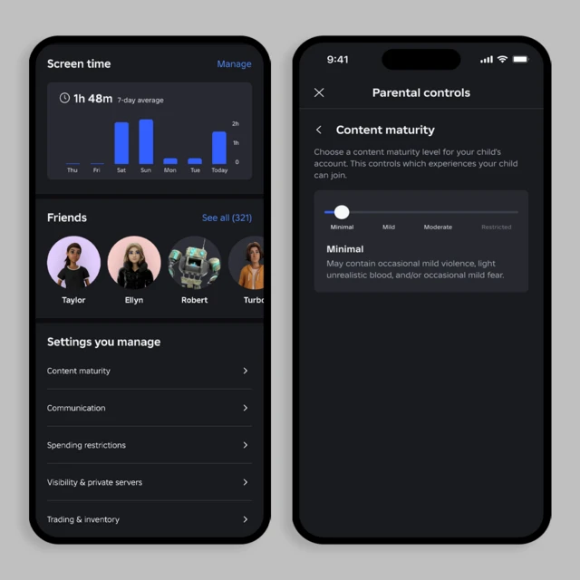 Two screengrabs from smartphones show how Roblox's parental controls dashboard will appear to users. The left screengrab shows a child's screen time, friends and a list of settings the parent user can manage. The screenshot on the right gives them options to control the maturity of the content their child views.
