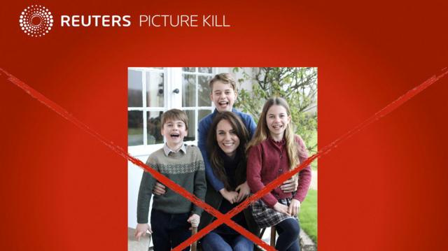 La imagen de la princesa Kate y sus hijos tachada con un mensaje de Reuters que dice: 