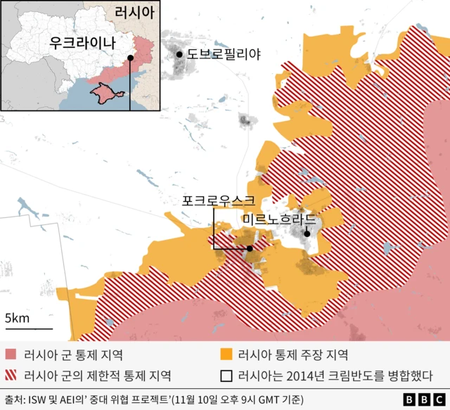 우크라이나 동부의 포크로우스크와 미르노흐라드 지도