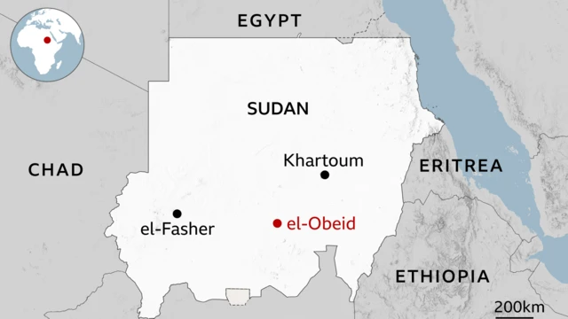 Khariidada Suudaan, oo ay ku jirto magaalada uu qaraxu ka dhacay, el-Obeid