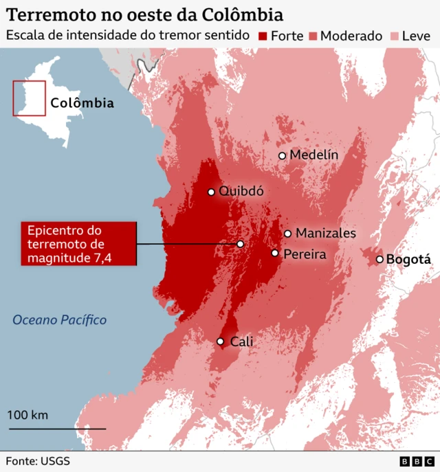 Mapa mostra epicentro do terremoto da colômbia
