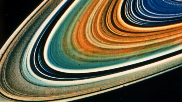 A close-up image of many concentric oval-shaped rings in a range of colours, from brown and grey to green, orange and blue, against a black background.